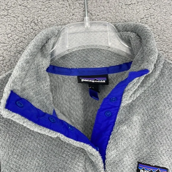 Patagonia gray & blue lined women’s fleece jacket pullover large kangaroo pocket - Picture 6 of 9
